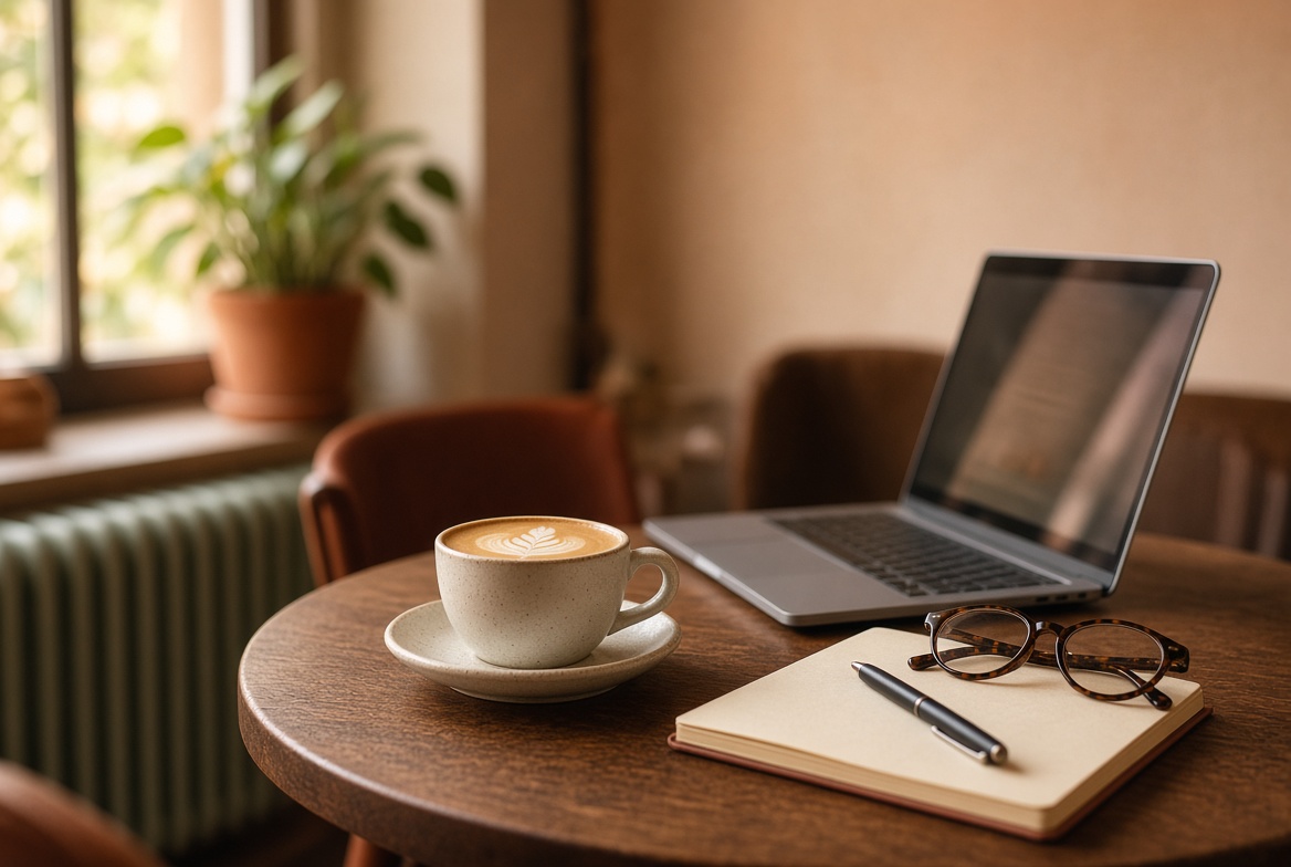 Coffee, a notebook and a laptop on a cafe table